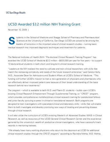 UCSD Awarded $3.2 million NIH Training Grant