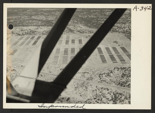 Aerial view of Colorado River Relocation Center for persons of Japanese ancestry evacuated from the West Coast. Photographer: Clark, Fred Poston, Arizona
