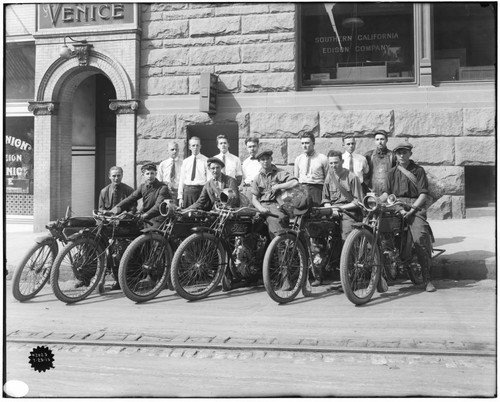 Lamp Department employees on their motorcycles ready to set out on lamp replacement duties in front of the Venice Customer Service Center