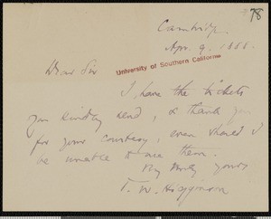 Thomas Wentworth Higginson, letter, 1888-04-09, to Hamlin Garland