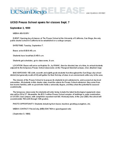 UCSD Preuss School opens for classes Sept. 7