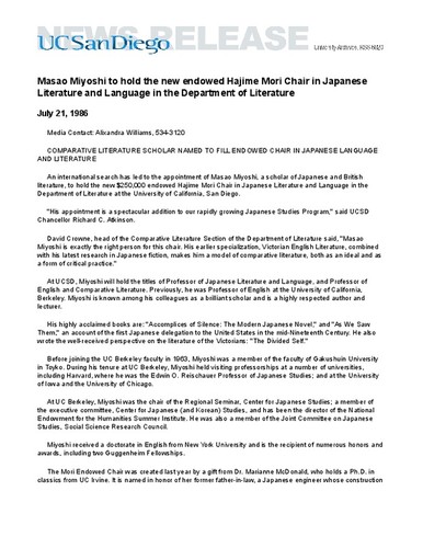 Masao Miyoshi to hold the new endowed Hajime Mori Chair in Japanese Literature and Language in the Department of Literature