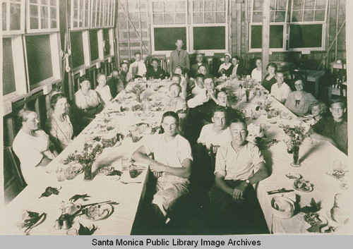 Workers assembled at the Institute Camp Dining Hall, Temescal Canyon, Calif