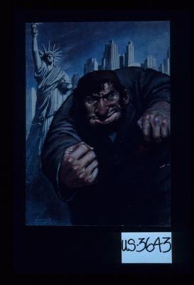 Poster depicting burly man, Statue of Liberty, and skyline