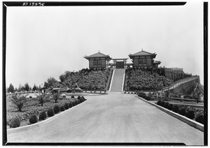 Distant view of large oriental-style building in Bernheimer Garden, Pacific Palisades, ca.1930