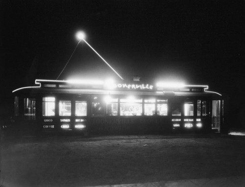 Toonerville Trolley restaurant, night view