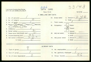 WPA Low income housing area survey data card 226, serial 33143