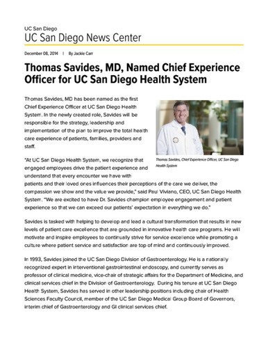 Thomas Savides, MD, Named Chief Experience Officer for UC San Diego Health System