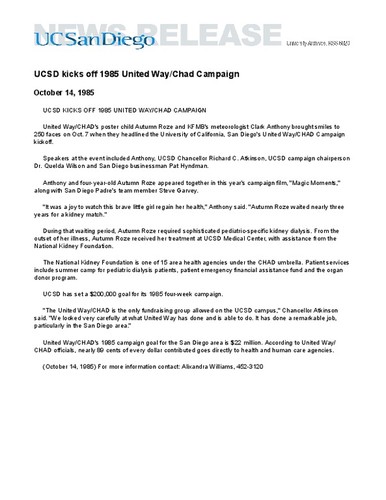 UCSD kicks off 1985 United Way/Chad Campaign