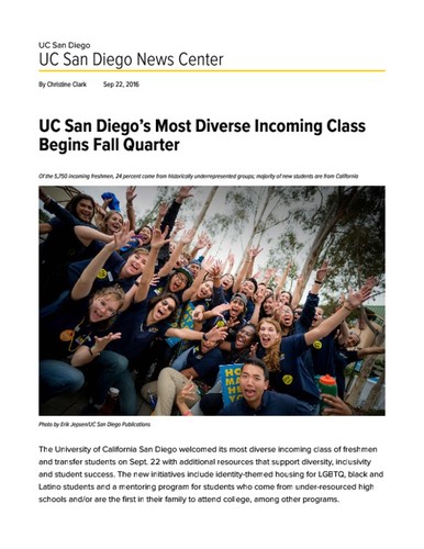 UC San Diego’s Most Diverse Incoming Class Begins Fall Quarter