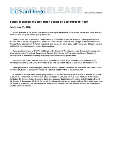 Series of expeditions on Horizon begins on September 15, 1960
