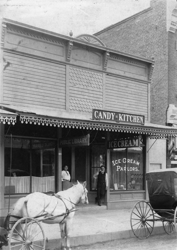 Candy Kitchen and Public Library on Center Street, Anaheim [graphic]