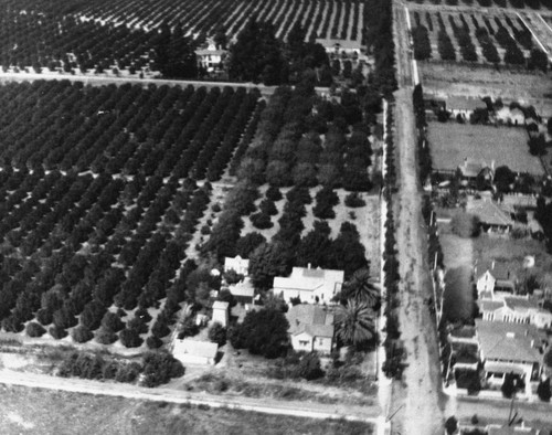 Aerial view of the Langenberger property at Lemon and Sycamore Streets, Anaheim [graphic]