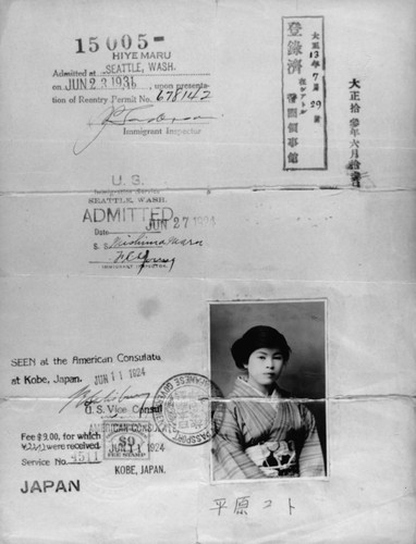 Frank Hirahara's Mother, Japanese Emigration Papers [graphic]