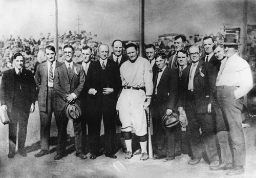 Former Baseball Team Mates Greet Walter Johnson at an Exhibition Game at the Brea Bowl [graphic]