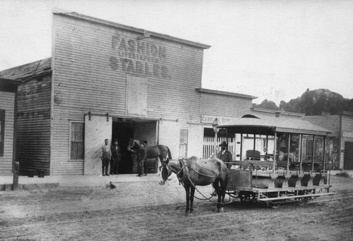 Anaheim Streetcar in Front of the Fashion Stables, Anaheim [graphic]