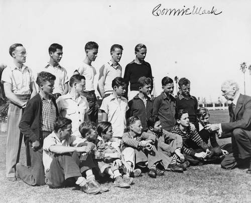 Connie Mack (born Cornelius McGillicuddy) talking to a group of boys about baseball. [graphic]