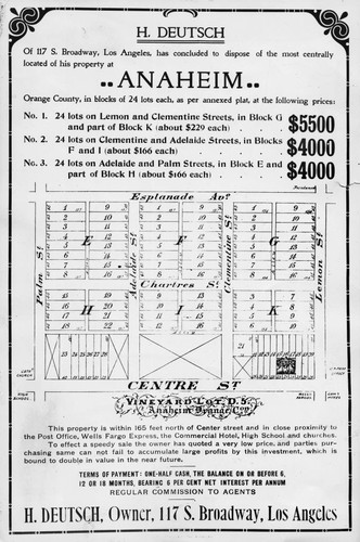 Advertisment of Anaheim Property for Sale by H. Deutxch [graphic]