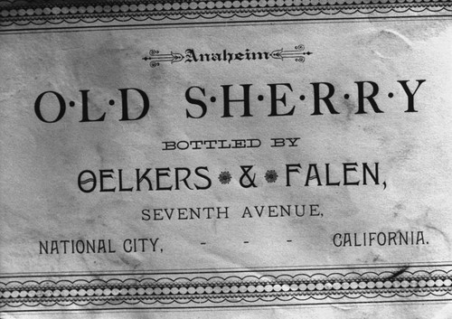 Photograph of a label for "Anaheim Old Sherry" [graphic]