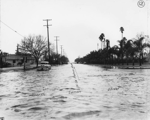 Flood Waters at North Lemon Street and La Palma Avenue, Anaheim. [graphic]