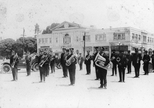 Anaheim City Band Playing in Front of Masonic Temple. [graphic]