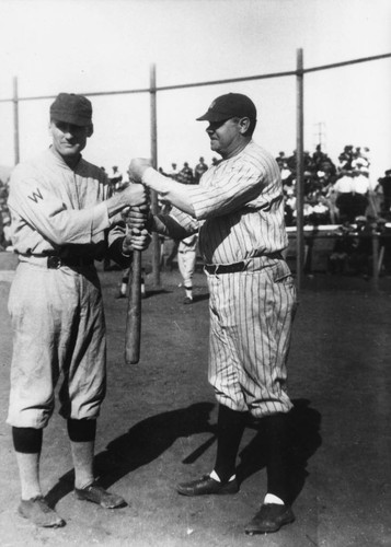 Walter Johnson and Babe Ruth during a charity baseball game, Anaheim [graphic]
