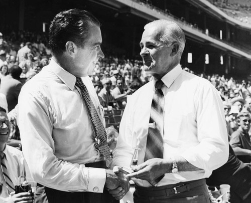 Mayor Jack Dutton and Richard M. Nixon at the Anaheim Stadium. [graphic]