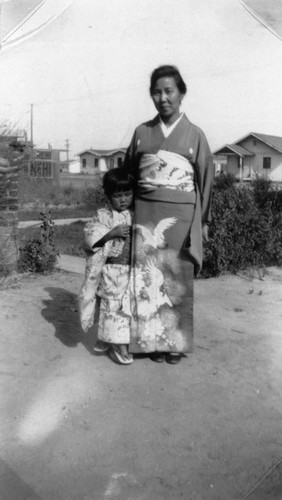 Fumika Watanabe and Daughter Ruth Wearing Kimonos, Anaheim [graphic]