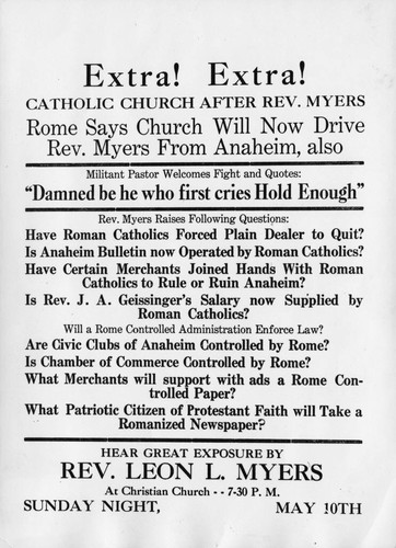 Handbill for a speech by Reverend Leon Leroy Meyers [graphic]