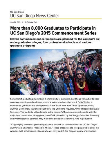 More than 8,000 Graduates to Participate in UC San Diego’s 2015 Commencement Series