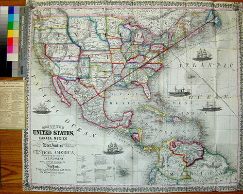 Map of the United States, Canada, Mexico, and the West Indies with Central America, showing all the routes to California with a table of distances