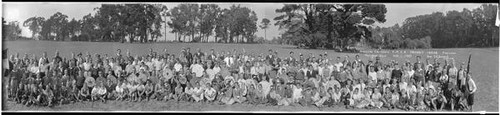 Group portrait of the attendees of the YMCA "Friendly Indian Pow Wow" in Millbrae