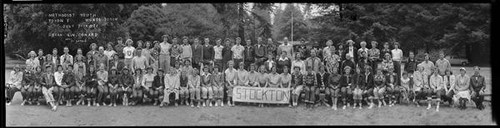 Group portrait of the attendees of the 1951 Methodist Youth Toyon I at Monte Toyon in Aptos, California