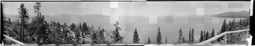 Panoramic image showing Lake Tahoe and camp