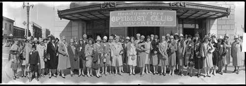 Group portrait of the attendees of an Optimist Club Women's Group convention at the San Jose, California Sainte Claire Hotel