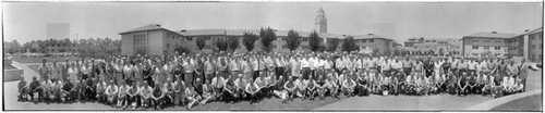 Group portrait of the attendees of a Chamber of Commerce meeting at Stanford University