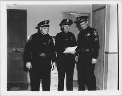 Three members of the Petaluma, California Police Department, Dale Moore, Chief Noonie Del Maestro and George Wagner, about 1955