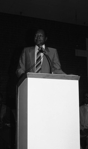 Tom Bradley speaking from the pulpit of the new Cornerstone Institutional Baptist Church, Los Angeles, 1984