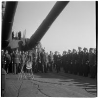Retirement ceremony for Admiral William F. Halsey aboard the U.S.S. South Dakota, Los Angeles, 1945