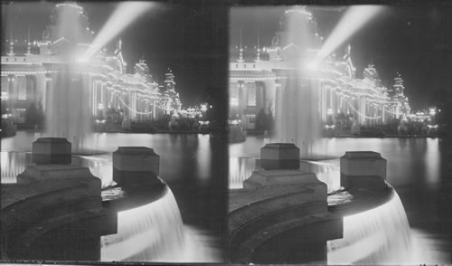 Palace of Electricity at night looking from Lower West Cascade, Louisiana Purchase Exposition