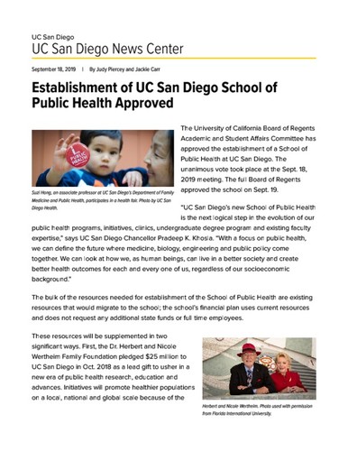 Establishment of UC San Diego School of Public Health Approved