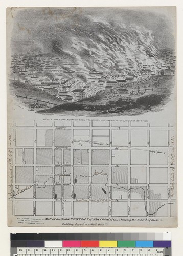 View of the conflagration from Telegraph Hill, San Francisco [California], night of May 3d, 1851/Map of the burnt district of San Francisco showing the extent of the fire