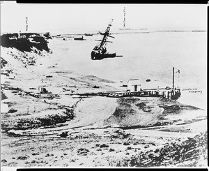 View of the San Pedro harbor, showing Lindscon Landing, Stingaree Gulch and Nob Hill, Los Angeles, 1876
