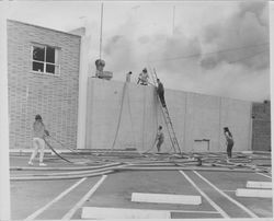 Volunteers feeding hose to a Petaluma Fire Department firefighter on the roof of an unidentified burning commercial structure and v at the scene of unidentified fires in Petaluma, California, 1950s or 1960s