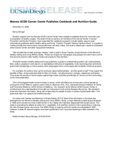 Moores UCSD Cancer Center Publishes Cookbook and Nutrition Guide