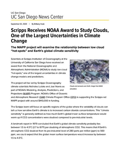 Scripps Receives NOAA Award to Study Clouds, One of the Largest Uncertainties in Climate Change