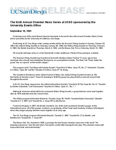 The Sixth Annual Chamber Music Series at UCSD sponsored by the University Events Office