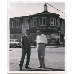 Pete and Carl Saunders in front of the Montclair Carriage Inn on the corner of LaSalle Avenue and Mountain Boulevard in the Montclair district of Oakland, California