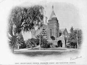 The First Presbyterian Church, at the corner of Colorado Street and Worcester Avenue, ca. 1889-1910