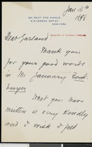 Brander Matthews, letter, 1898-01-04, to Hamlin Garland